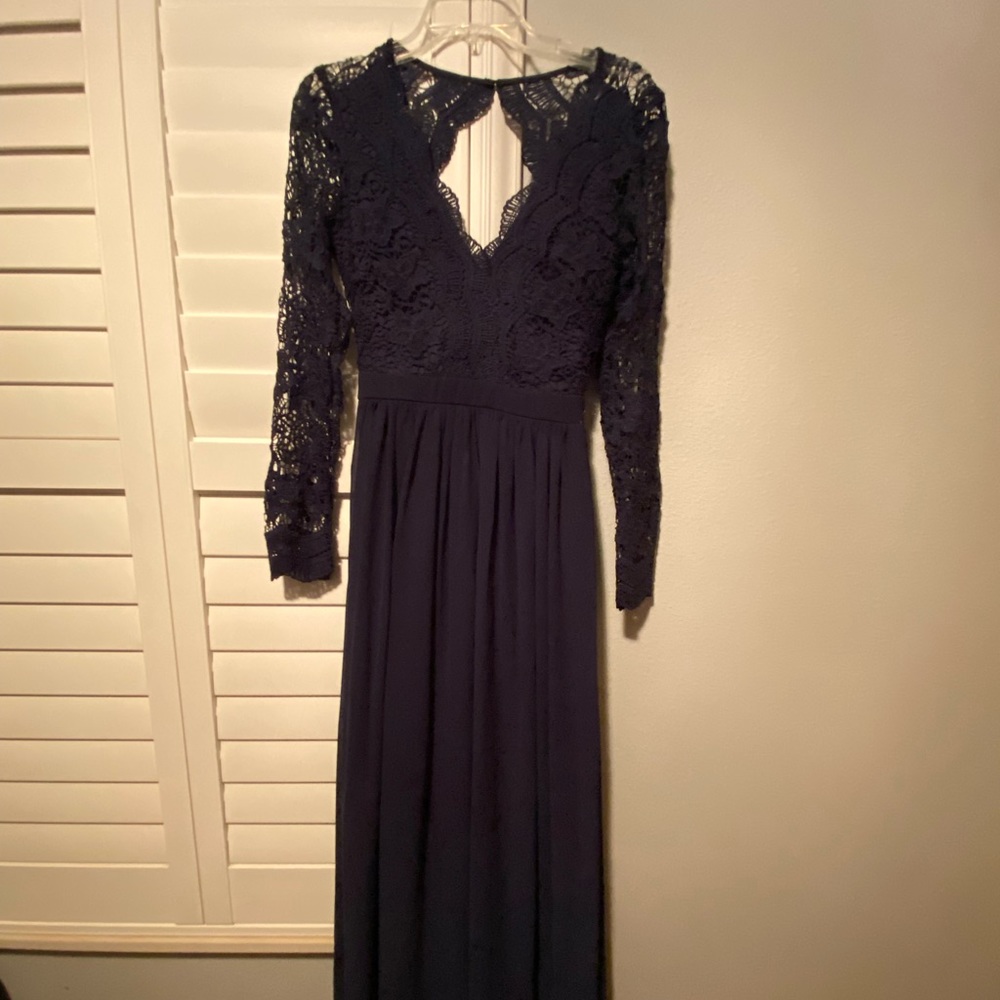 Awaken My Love Navy Blue Long Sleeve Lace Maxi Dress size small